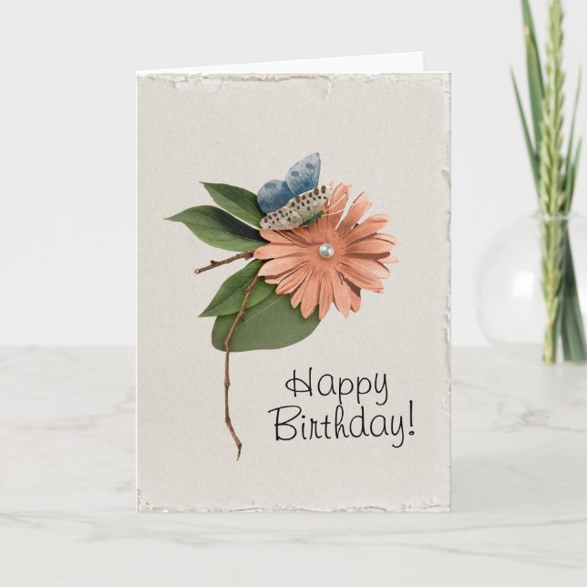 Faux Handmade Happy Birthday Flower Butterfly Card (Front)
