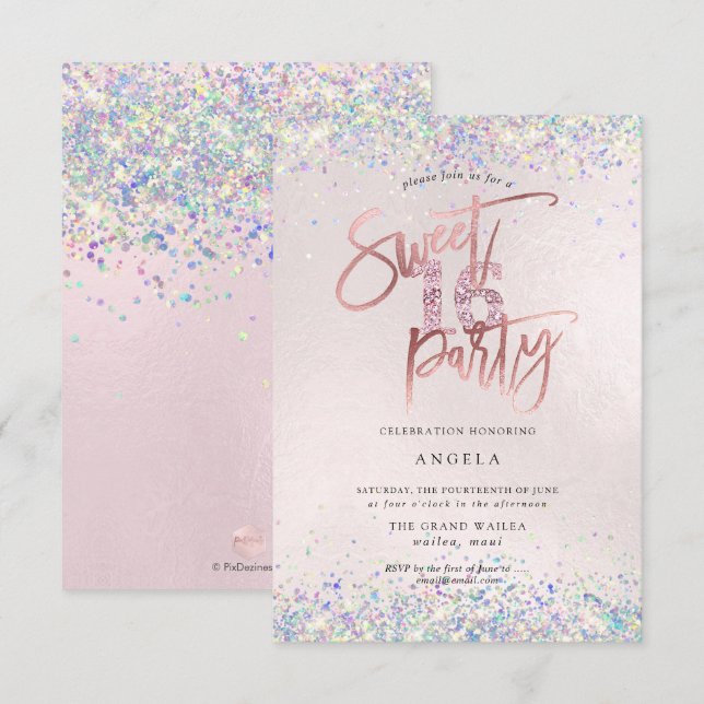 Faux Hologram Sweet 16 Studded Diamond Blush Invitation (Front/Back)
