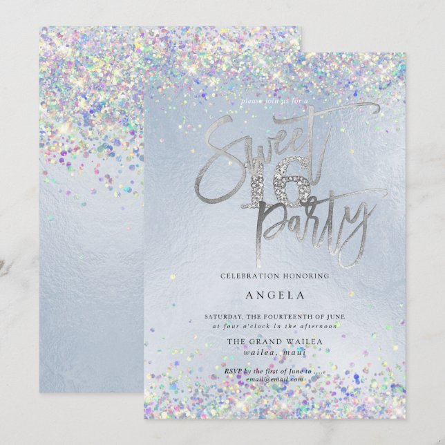 Faux Hologram Sweet 16 Studded Diamond Dusty Blue Invitation (Front/Back)