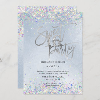 Faux Hologram Sweet 16 Studded Diamond Dusty Blue Invitation