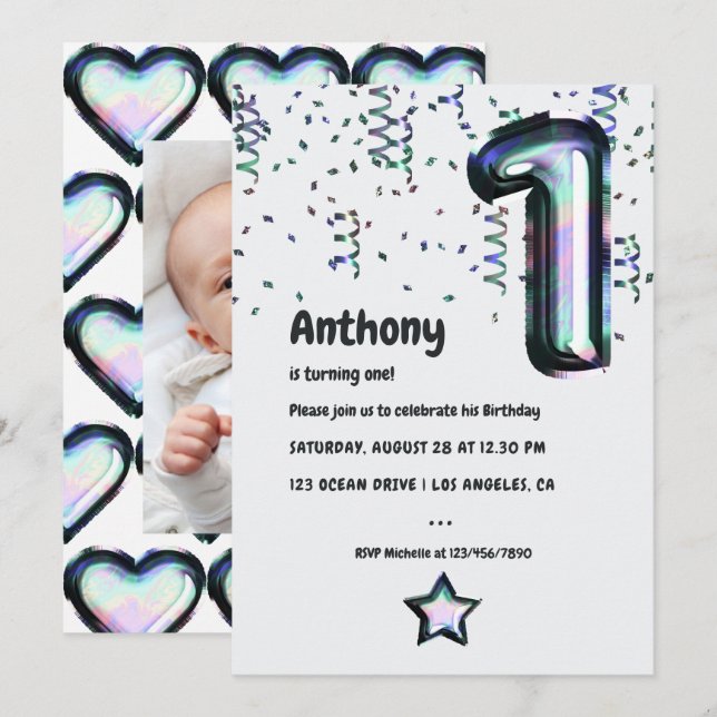 Faux Holographic Balloon 1st Birthday Invitation (Front/Back)