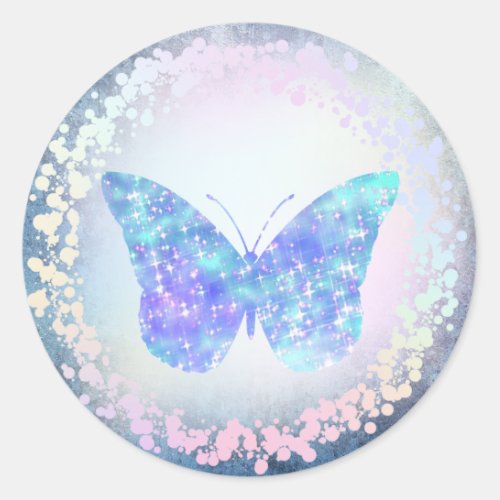 faux holographic blue butterfly logo classic round sticker