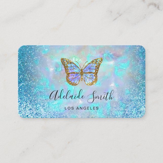 FAUX holographic blue glitter butterfly Business Card (Front)