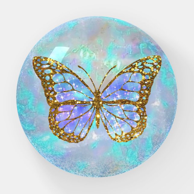 FAUX holographic blue glitter butterfly  Paperweight (Front)