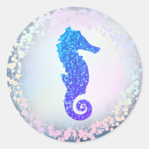 faux holographic blue seahorse logo classic round sticker