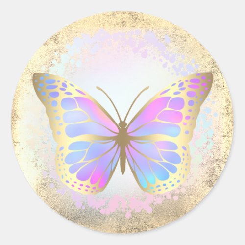 faux holographic butterfly classic round sticker