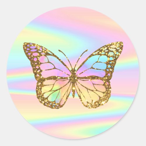 faux holographic butterfly  classic round sticker