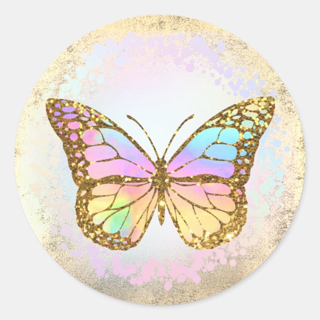 faux holographic butterfly logo classic round sticker (Front)