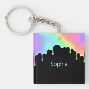 Faux Holographic Colorful Modern Rainbow Drops Keychain