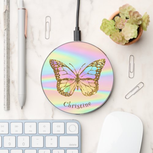  faux holographic effect pastel colors butterfly wireless charger 