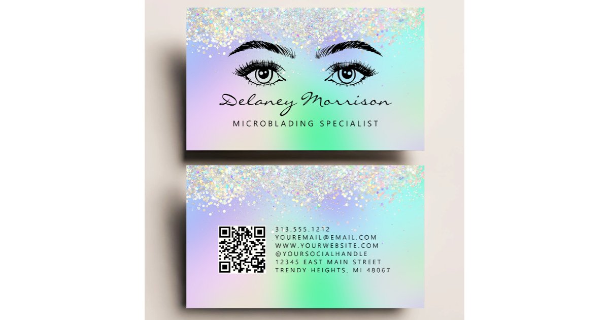 Faux Holographic Glitter Eyes QR Code Microblading Business Card | Zazzle