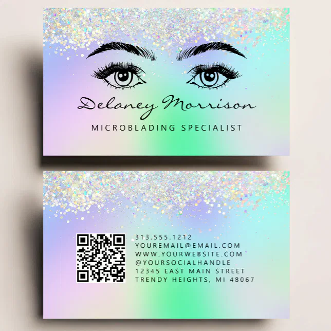 Faux Holographic Glitter Eyes QR Code Microblading Business Card | Zazzle
