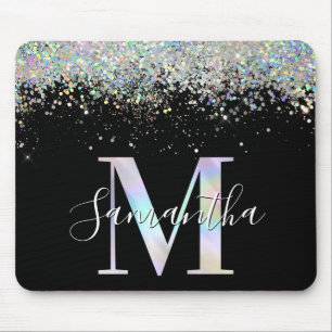 Faux Holographic Glitter Iridescent Monogram M Mouse Pad