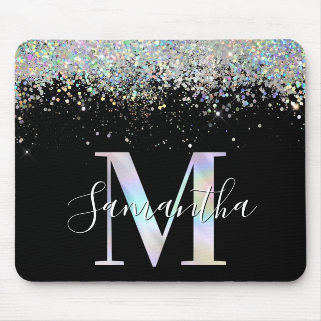 Faux Holographic Glitter Iridescent Monogram M Mouse Pad (Front)