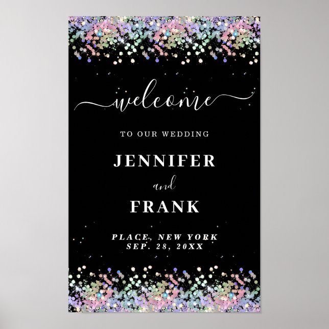 Faux Holographic Glitter Modern Black Welcome Poster (Front)