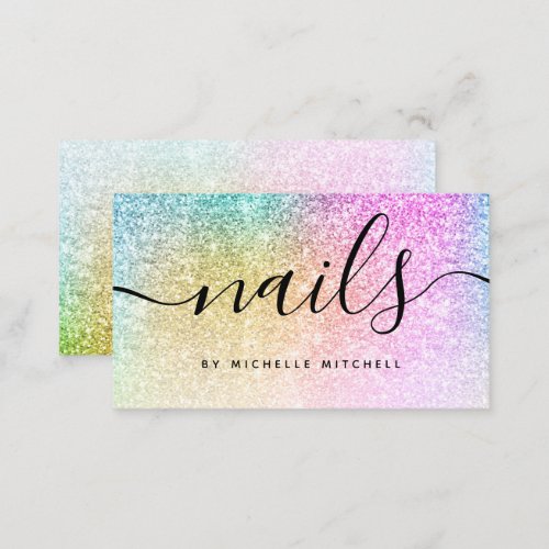 Faux Holographic Glitter Nail Technician Blush Bus Business Card