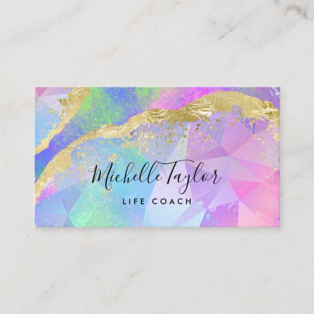 faux holographic iridescent opal stone elegant business card (Front)