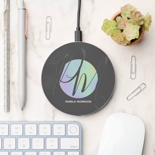 Faux Holographic Modern Circle Monogram Wireless Charger