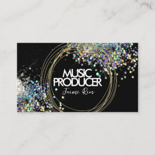 Faux Holographic Music Producer Gold Rings Black Business Card