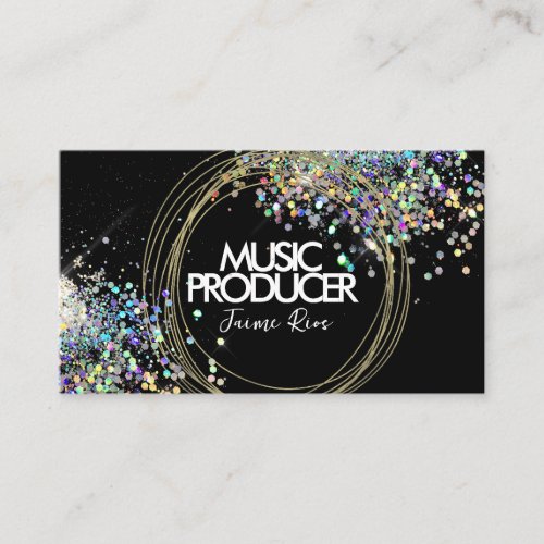 Faux Holographic Music Producer Gold Rings Black Business Card