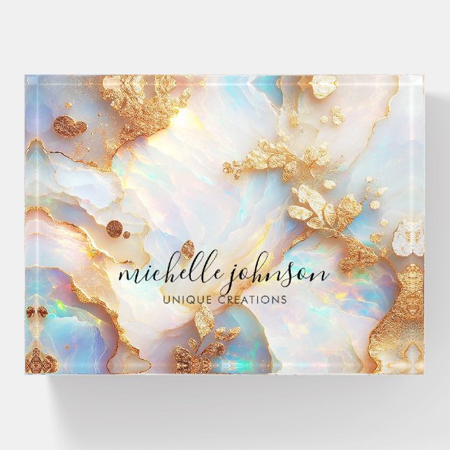 Faux Holographic Opal Crystal Personalized Paperweight (Front)