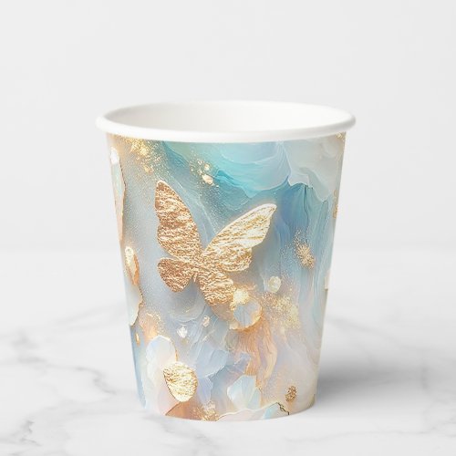 Faux Holographic Opal Moonstone Gold Butterfly Paper Cups