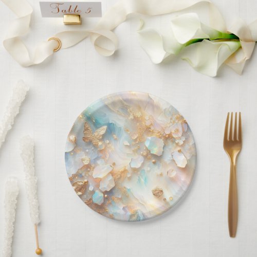 Faux Holographic Opal Moonstone Gold Butterfly Paper Plates
