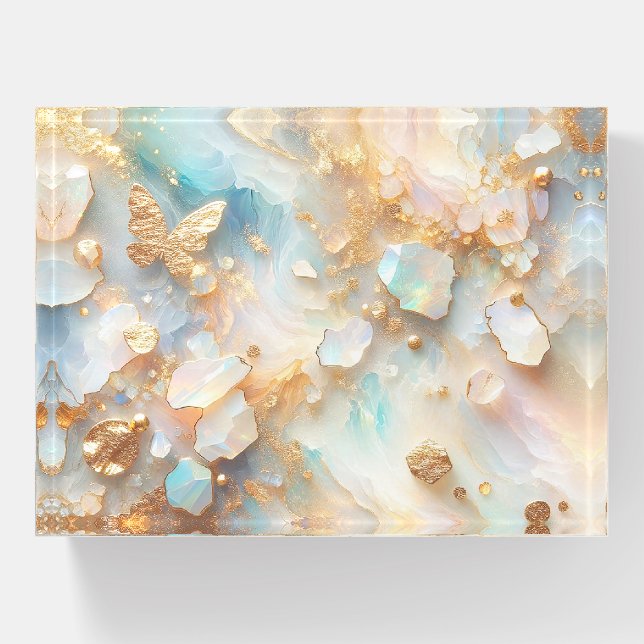 Faux Holographic Opal Moonstone Gold Butterfly Paperweight (Front)