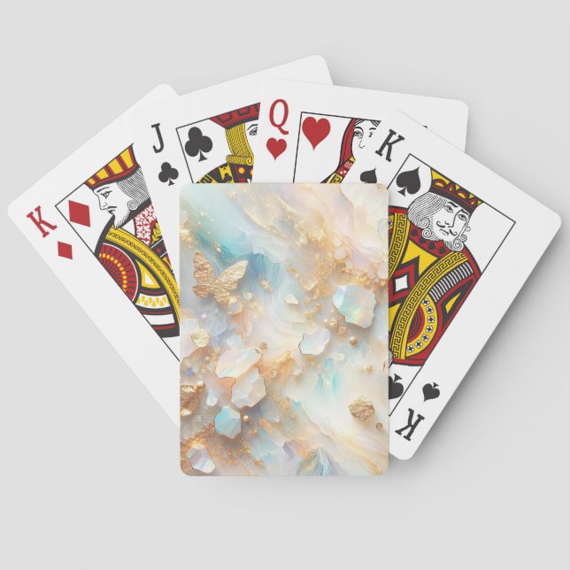 Faux Holographic Opal Moonstone Gold Butterfly Poker Cards (Back)