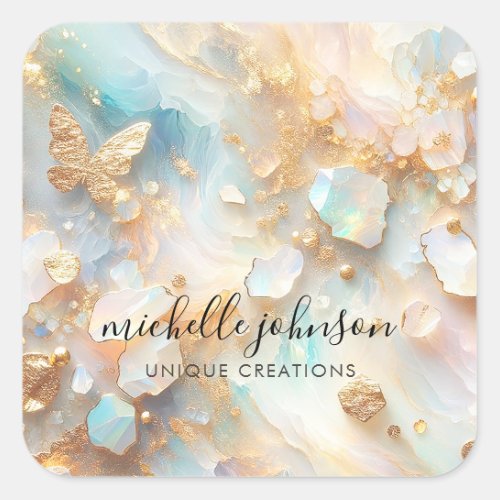 Faux Holographic Opal Moonstone Gold Butterfly Square Sticker