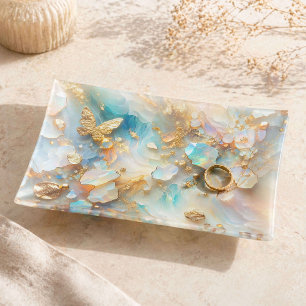 Faux Holographic Opal Moonstone Gold Butterfly Trinket Tray