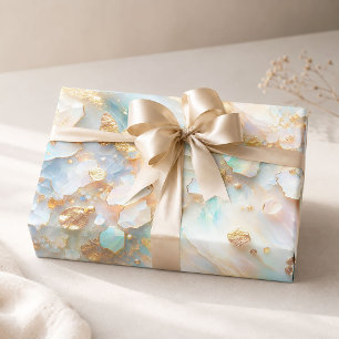 Faux Holographic Opal Moonstone Gold Butterfly Wrapping Paper Sheets