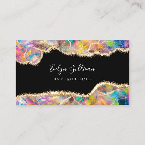 Faux holographic opal on black business card