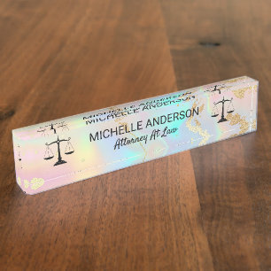 faux holographic opal stone Marble Lawyer Attorney Desk Name Plate