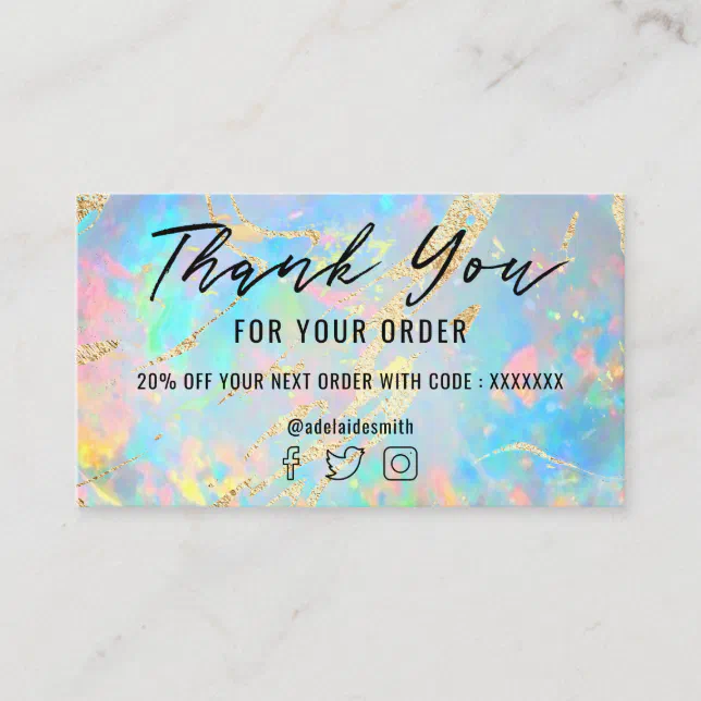 FAUX holographic opal stone thank you Business Card Zazzle