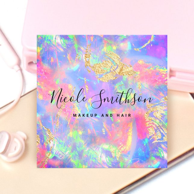 faux holographic pastel opal square business card