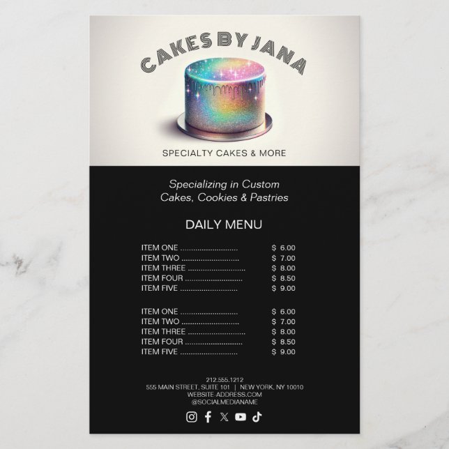 Faux Holographic Rainbow Glitter Cake Bakery Flyer (Front)