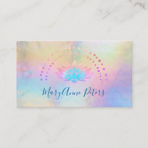 FAUX holographic rainbow pastel colors lotus logo Business Card