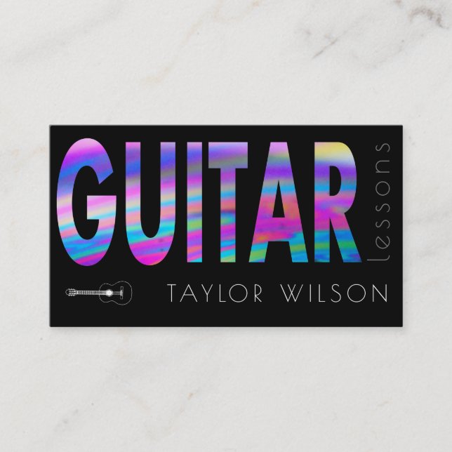 FAUX holographic script guitar teacher Business Card (Front)