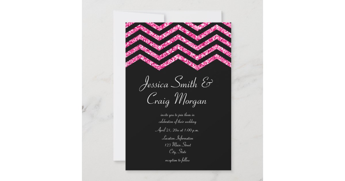 Faux Hot Pink and Black Glitter Chevron Wedding Invitation | Zazzle