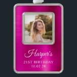 Faux Hot Pink Foil 21st Birthday Photo Christmas Ornament<br><div class="desc">Create your own 21st birthday keepsake framed photo ornament.
You can change the white font color.
There is room to increase the font size for some names.
The digital artwork features faux magenta and hot pink brushed metal foil. 
The art elements print like a photo.</div>