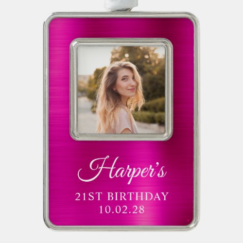 Faux Hot Pink Foil 21st Birthday Photo Christmas Ornament