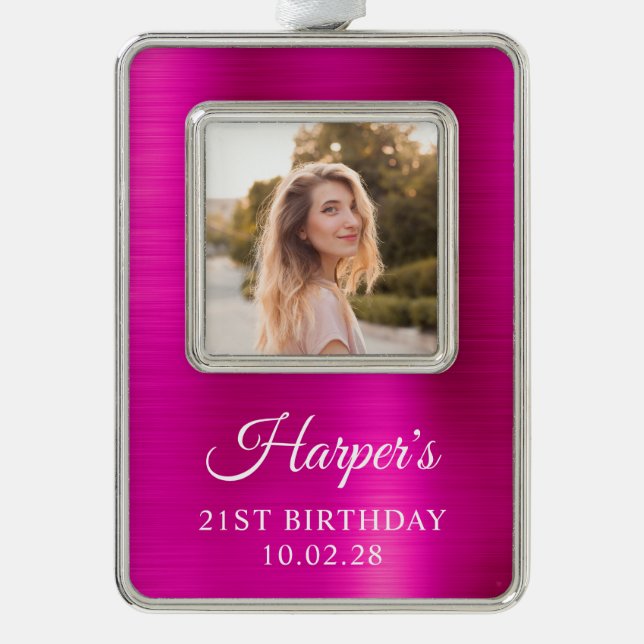 Faux Hot Pink Foil 21st Birthday Photo Christmas Ornament (Front)