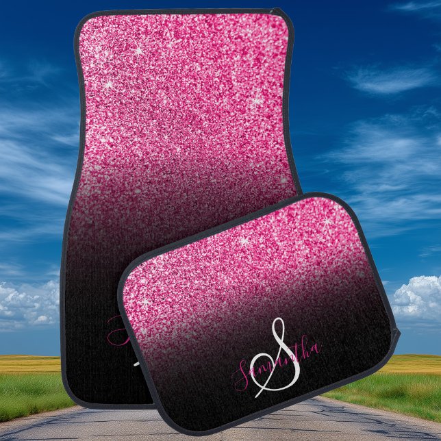 Faux Hot Pink Glitter Black Gradient Monogram Car Floor Mat (Faux Hot Pink Glitter Black Gradient Monogram Car Floor Mats)