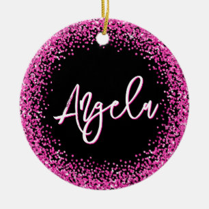 Faux Hot Pink Glitter Black Photo Ceramic Ornament