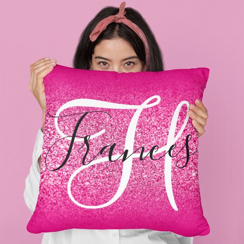 Faux Hot Pink Glitter Ombre Monogrammed Throw Pillow