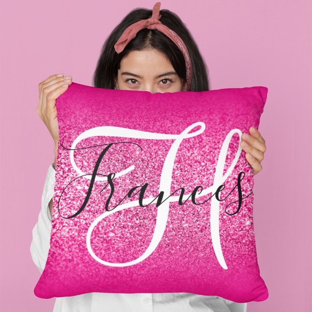 Faux Hot Pink Glitter Ombre Monogrammed Throw Pillow (Creator Uploaded)