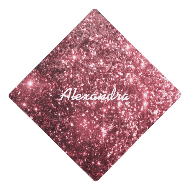 Faux Hot Pink Glitter optional Name- White Graduation Cap Topper (Front)