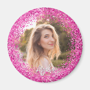 Faux Hot Pink Glitter Photo Magnet