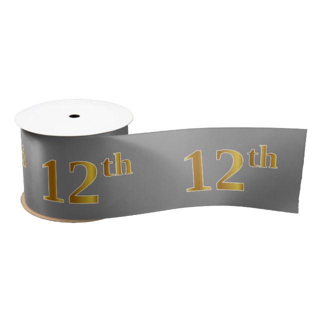 Faux/Imitation Gold "12th" Event Number (Gray) Satin Ribbon (Spool)